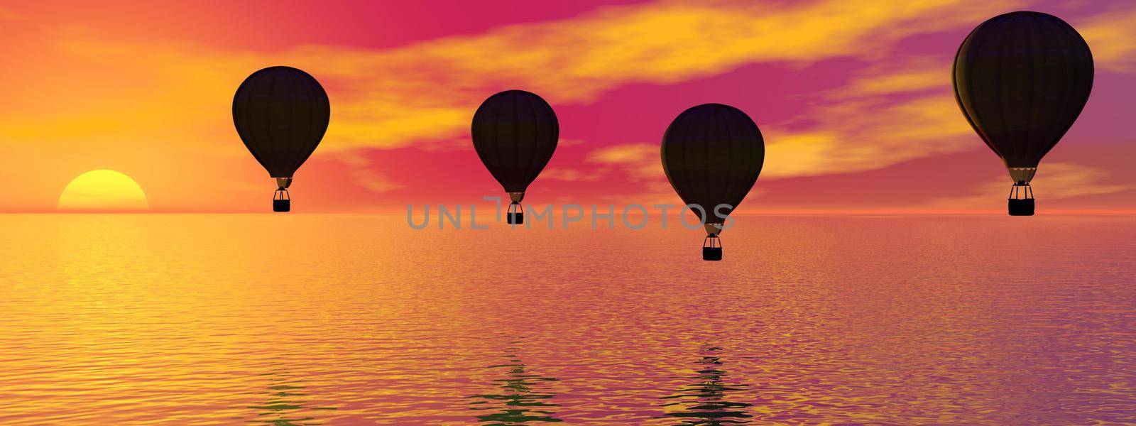 sunset with a balloon black flight - 3d rendering