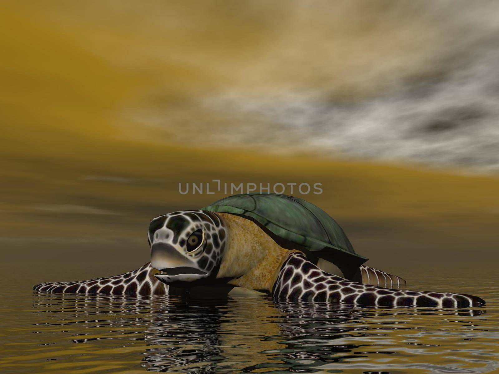 brown turtle in the ocean - 3d rendering by mariephotos