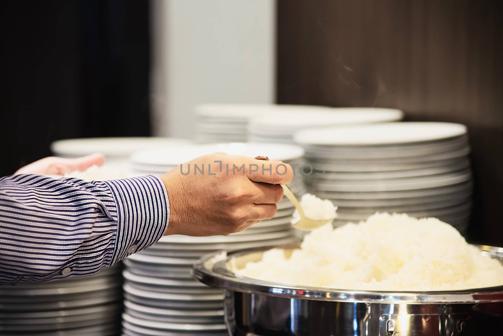 Business man eat the breakfast set in a hotel - people with breakfast in hotel concept