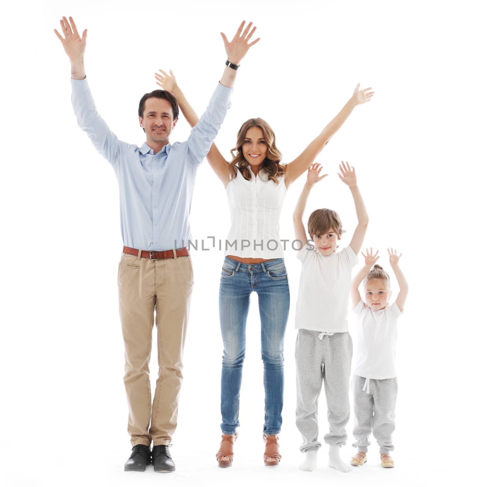 Happy family with raised hands up isolated on white background