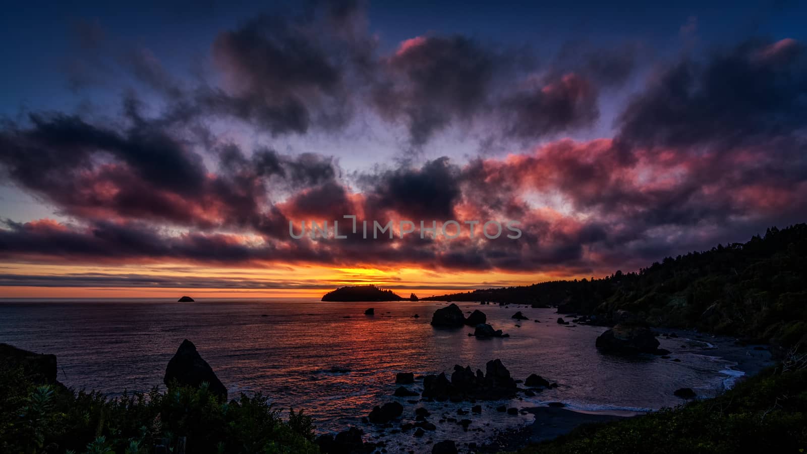 Color image of a beautiful sunset overlooking the Pacific Ocean in Trinidad, California.