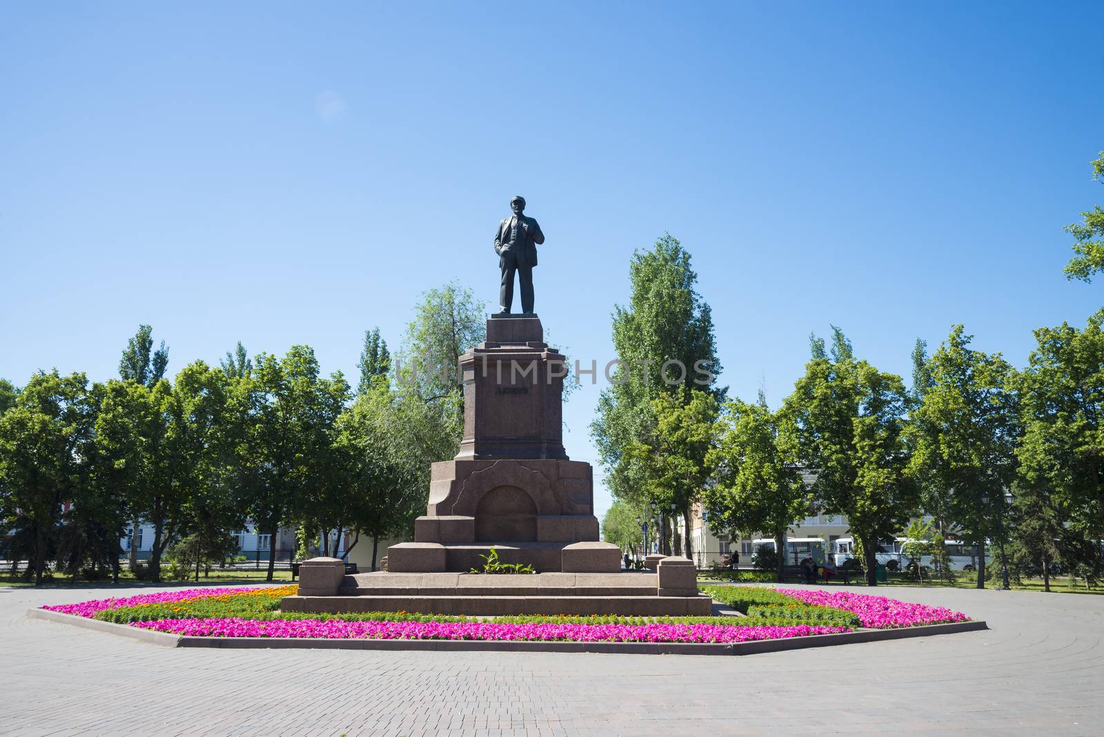 Granite monument to Vladimir Lenin on Revolution square in Samara, Russia. On a Sunny summer day. 17 June 2018