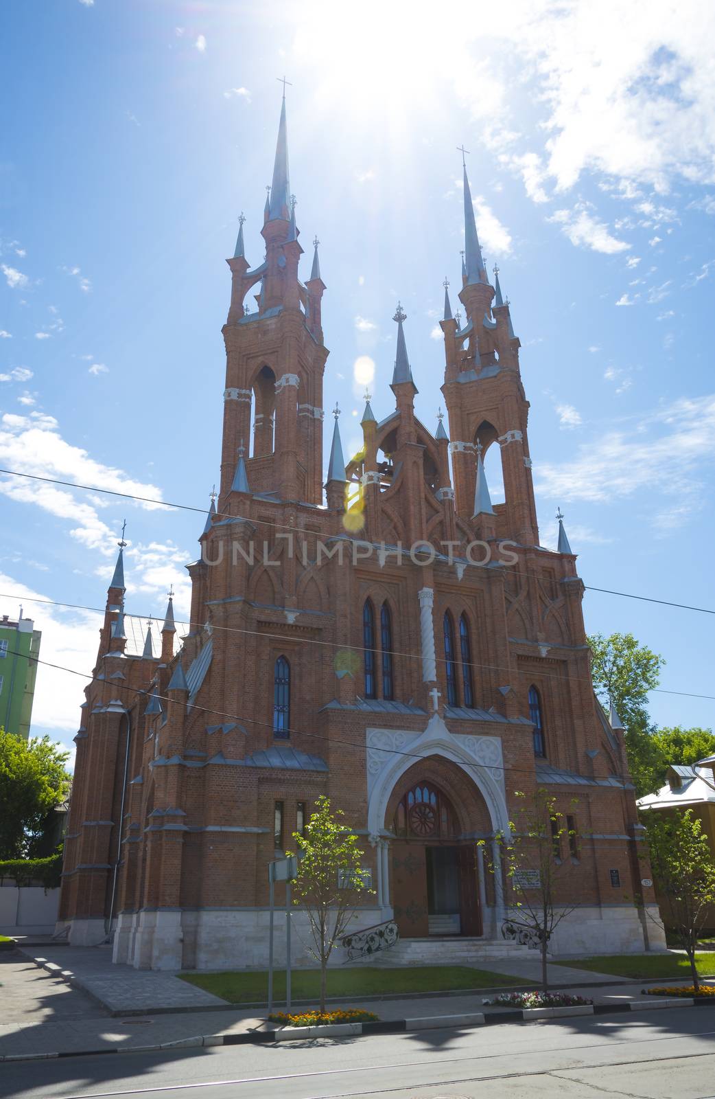 Red brick Church of the heart of Jesus in Samara, Russia. On a Sunny summer day. 17 June 2018