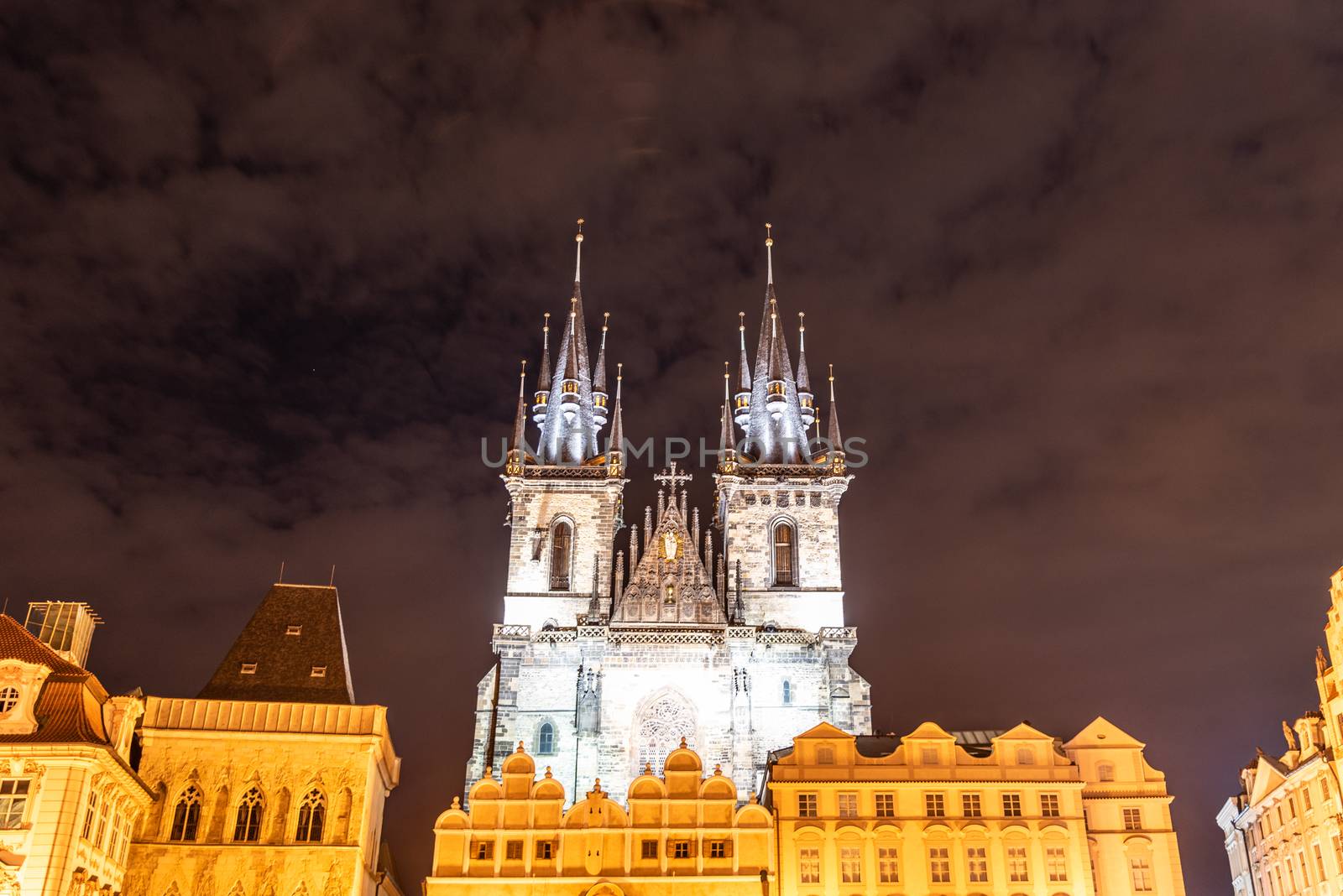 Two gothic towers of Church Of Our Lady Before Tyn at Old Town Square by night. Prague, Czech Republic by pyty