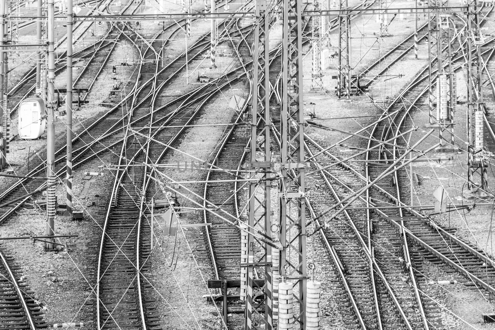 Railroad tangle at large train station. Railway transportation theme by pyty