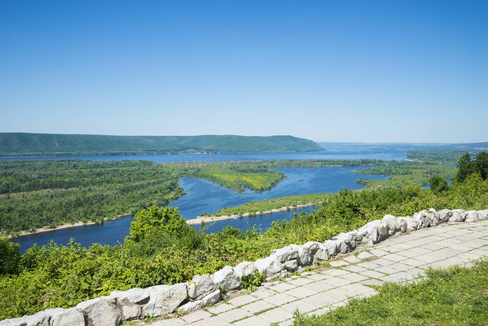 Panoramic view of the river Volga from a helicopter platform the city of Samara Russia. On a Sunny summer day. June 23, 2018