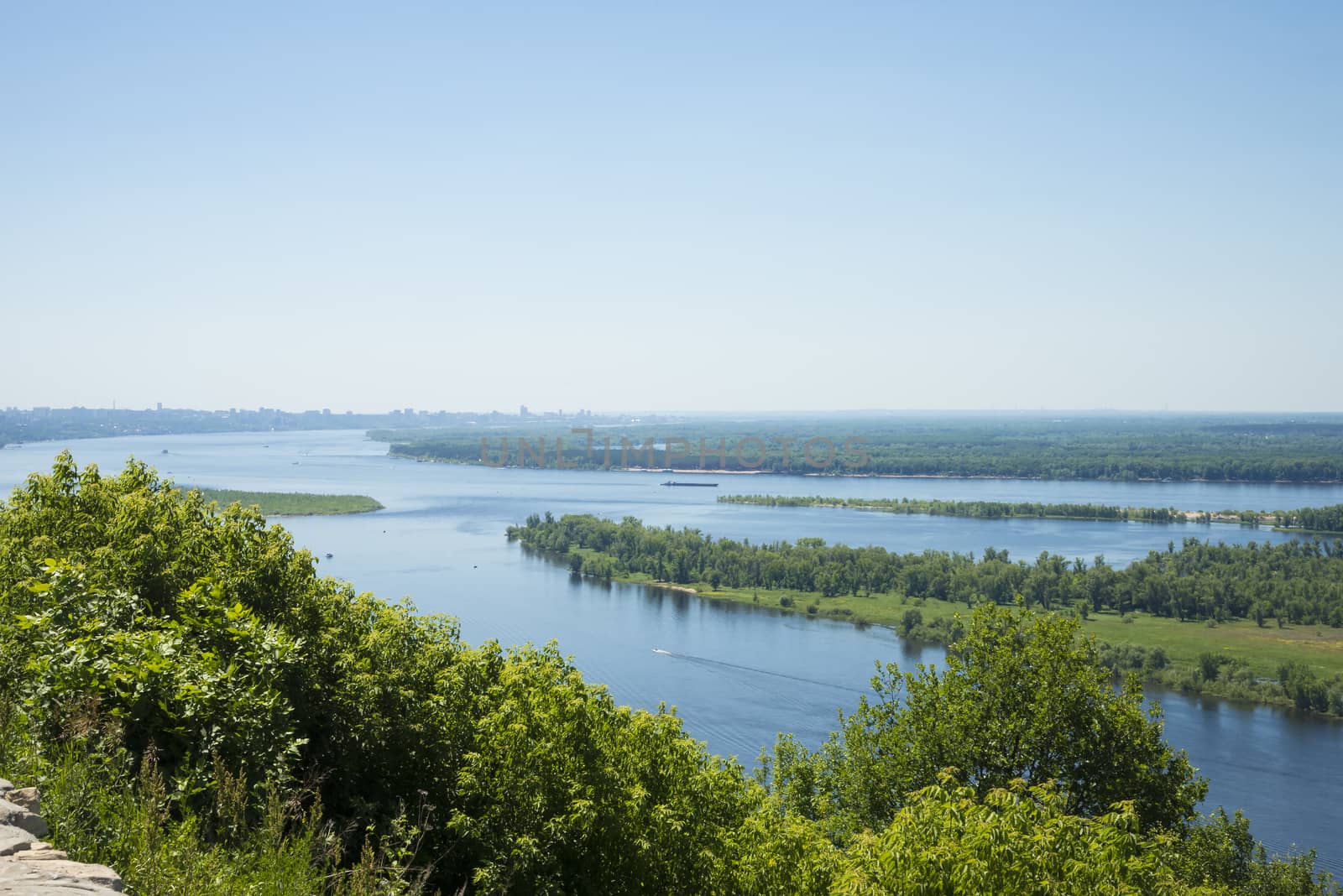 Panoramic view of the river Volga from a helicopter platform the city of Samara Russia. On a Sunny summer day. June 23, 2018