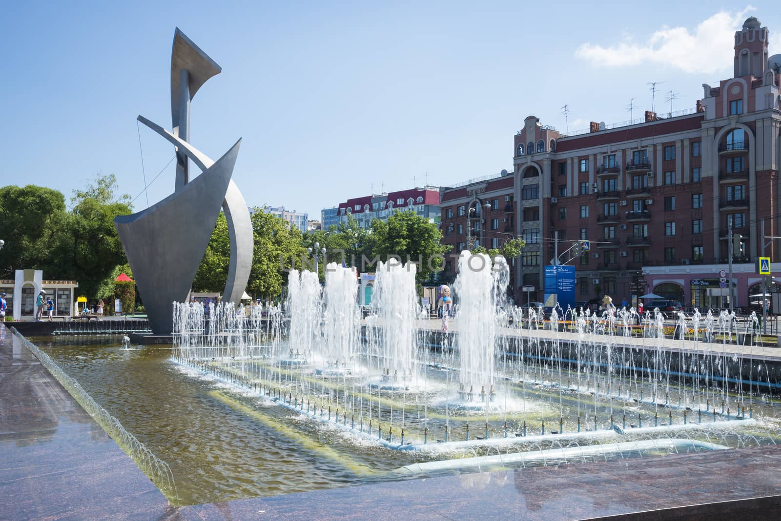 Fountain and sculpture Sail on the Volga river embankment in Samara Russia. On a Sunny summer day. 24 June 2018