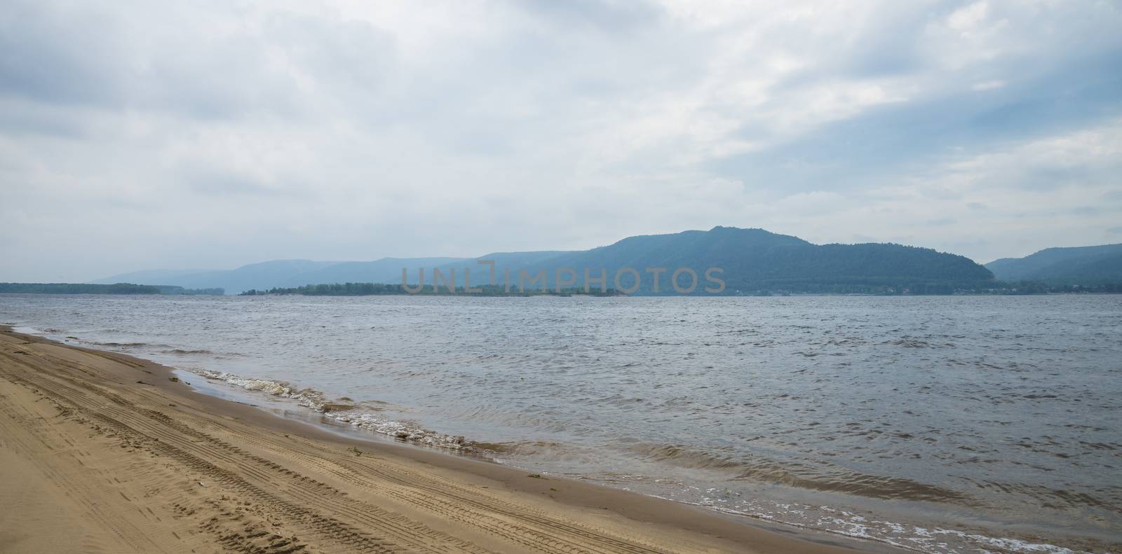 Panoramic view of the Zhiguli mountains from the Peninsula Kopylovo. Cloudy day 21 July 2018.