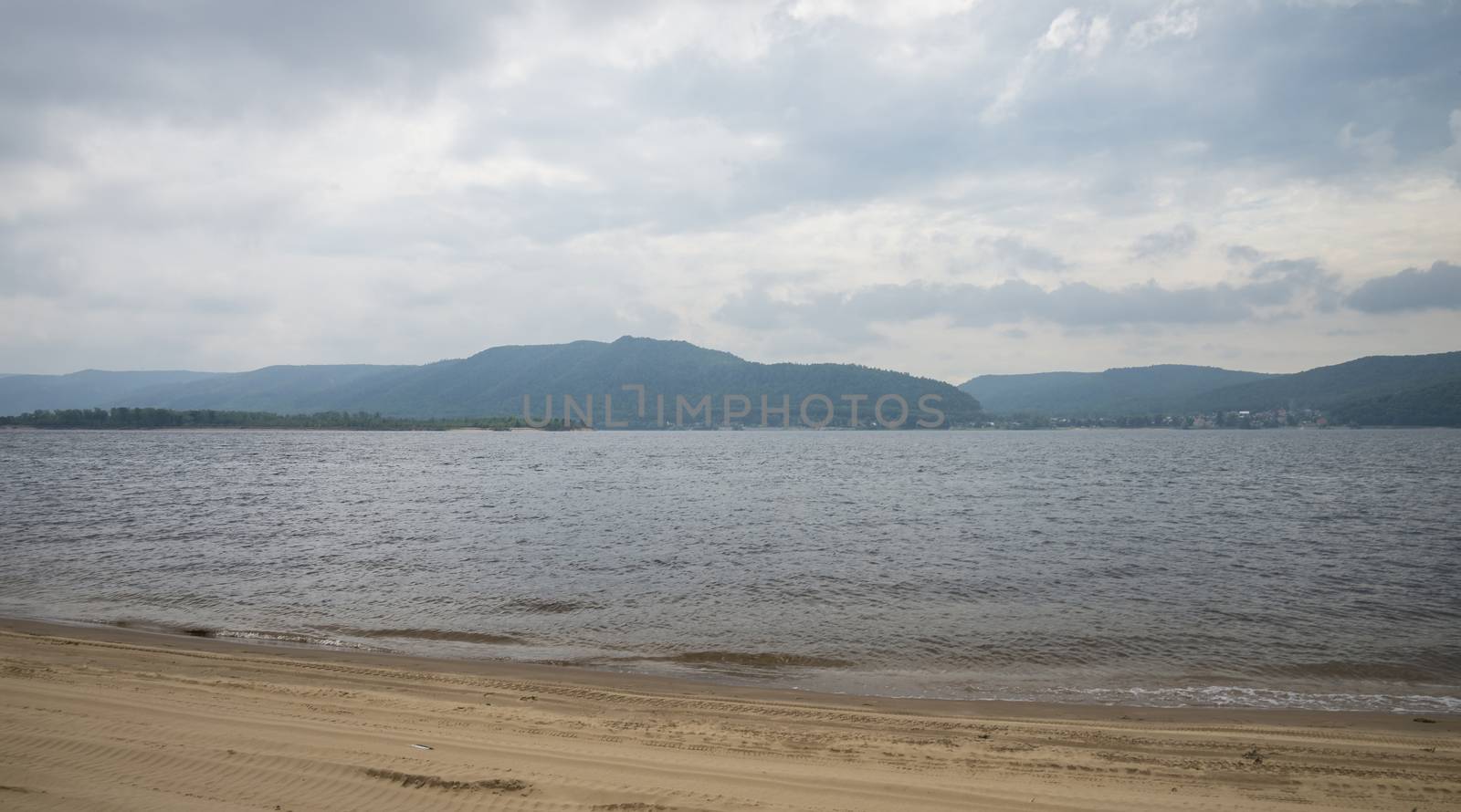 Panoramic view of the Zhiguli mountains from the Peninsula Kopylovo. Cloudy day 21 July 2018.