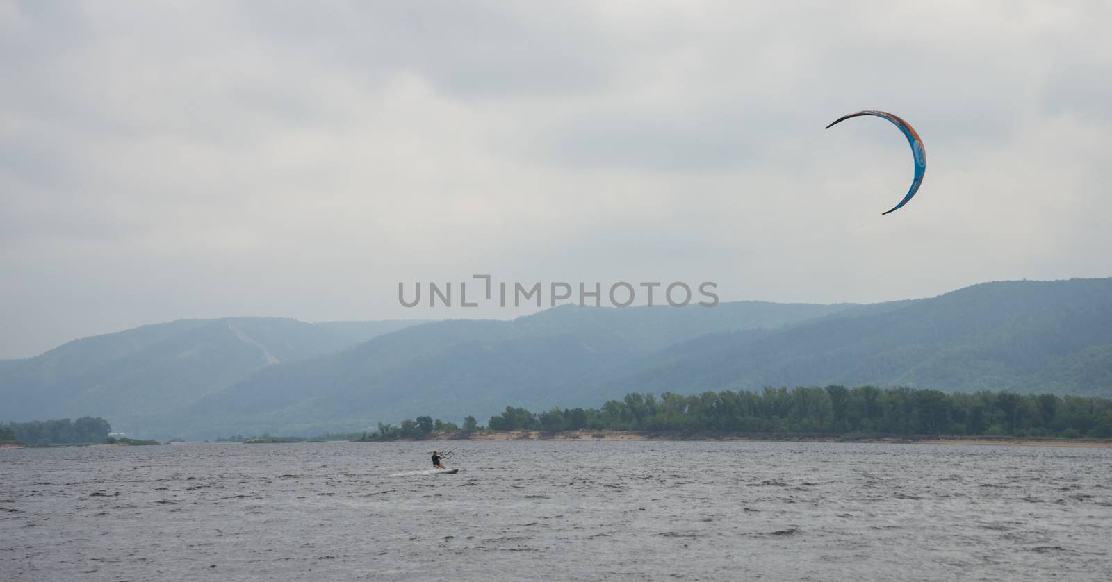 Panoramic view of the Zhiguli mountains from the Peninsula Kopylovo. Cloudy day 21 July 2018.