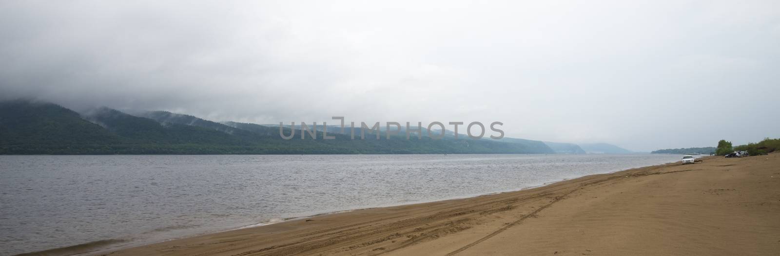 Panoramic view of the Zhiguli mountains from the Peninsula Kopylovo. Cloudy day 21 July 2018.