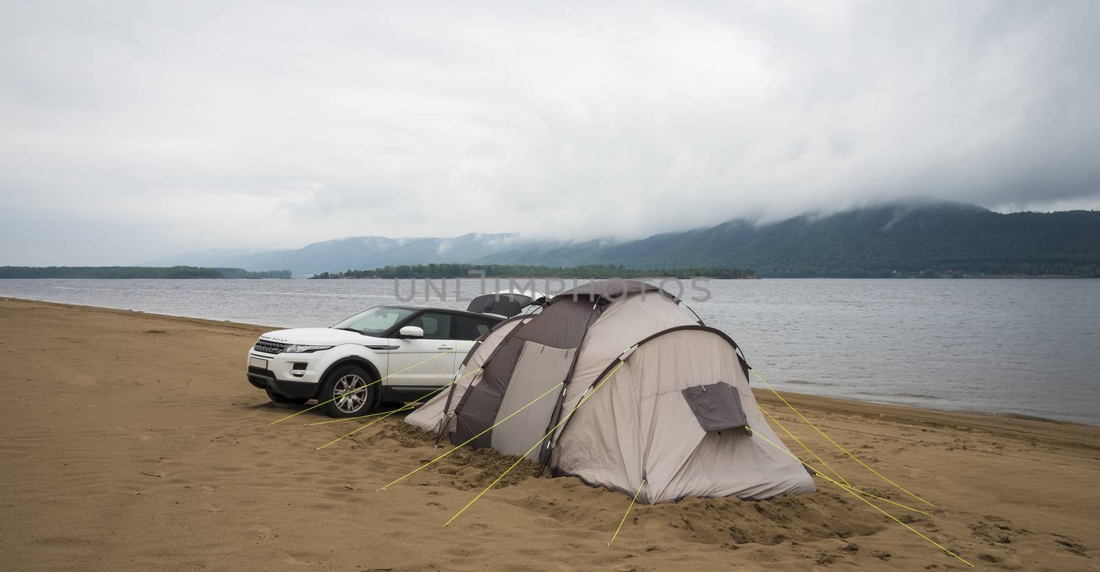 Panoramic view of the Zhiguli mountains from the Peninsula Kopylovo. Cloudy day 21 July 2018.