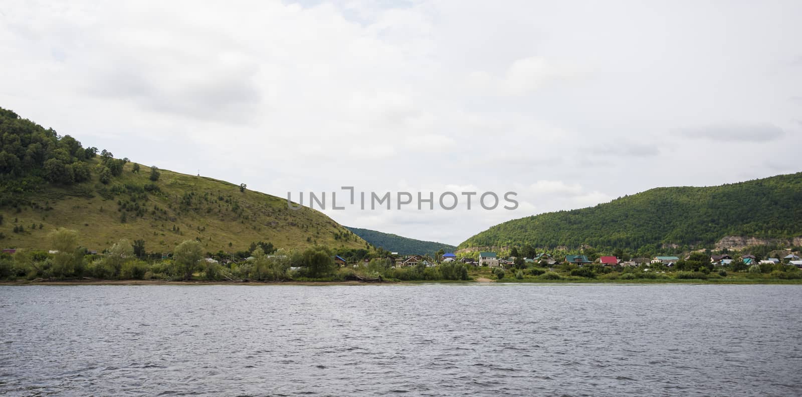 View of the Zhiguli mountains in the Samara region, Russia. Cloudy day, August 10, 2018.