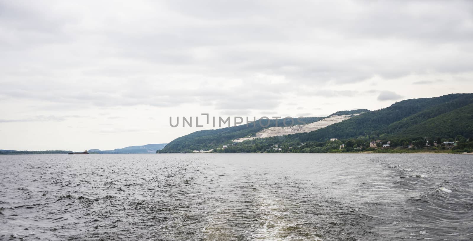 View of the Zhiguli mountains in the Samara region, Russia. Cloudy day, August 10, 2018.