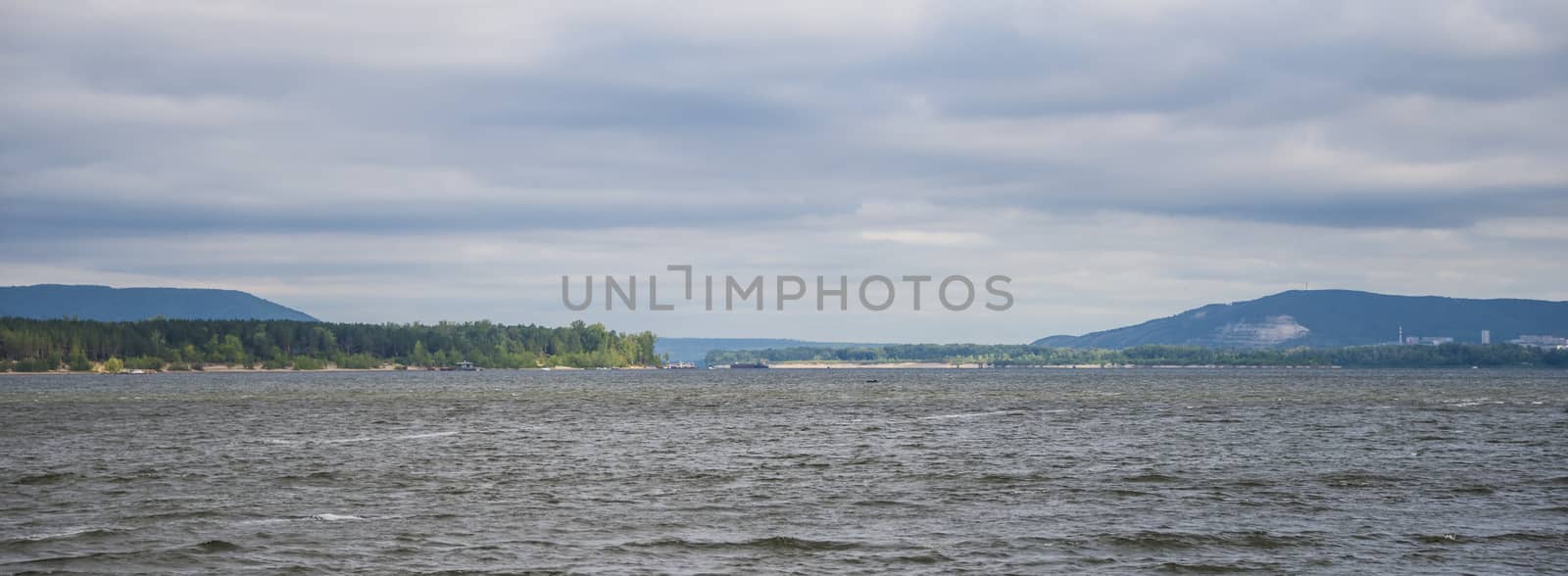 View of the Zhiguli mountains in the Samara region, Russia. Cloudy day, August 10, 2018.