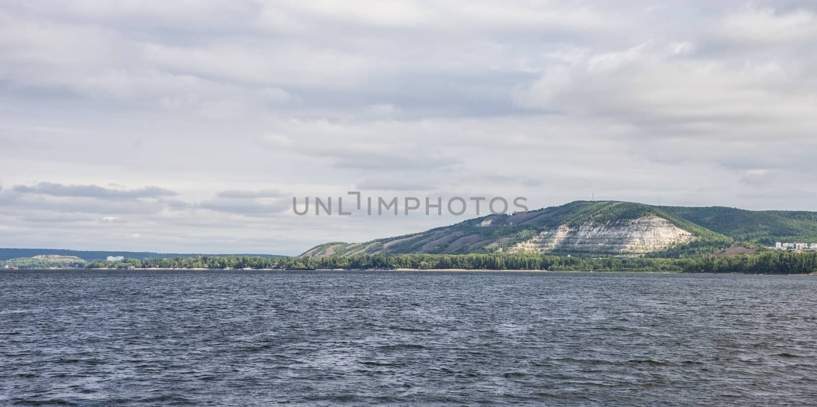 View of the Zhiguli mountains in the Samara region, Russia. Cloudy day, August 10, 2018.