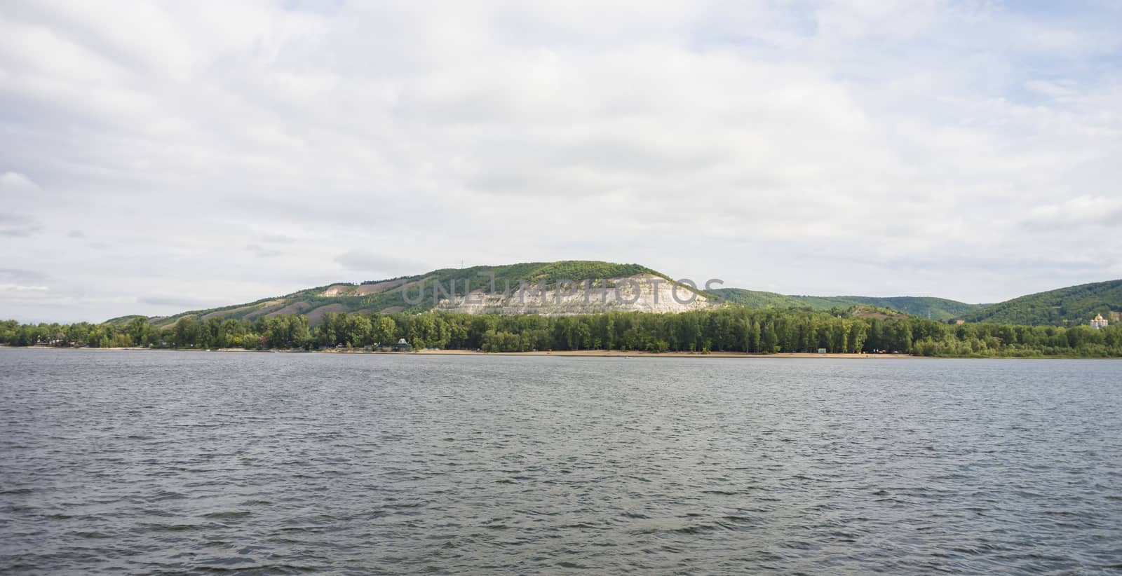 View of the Zhiguli mountains in the Samara region, Russia. Cloudy day, August 10, 2018.