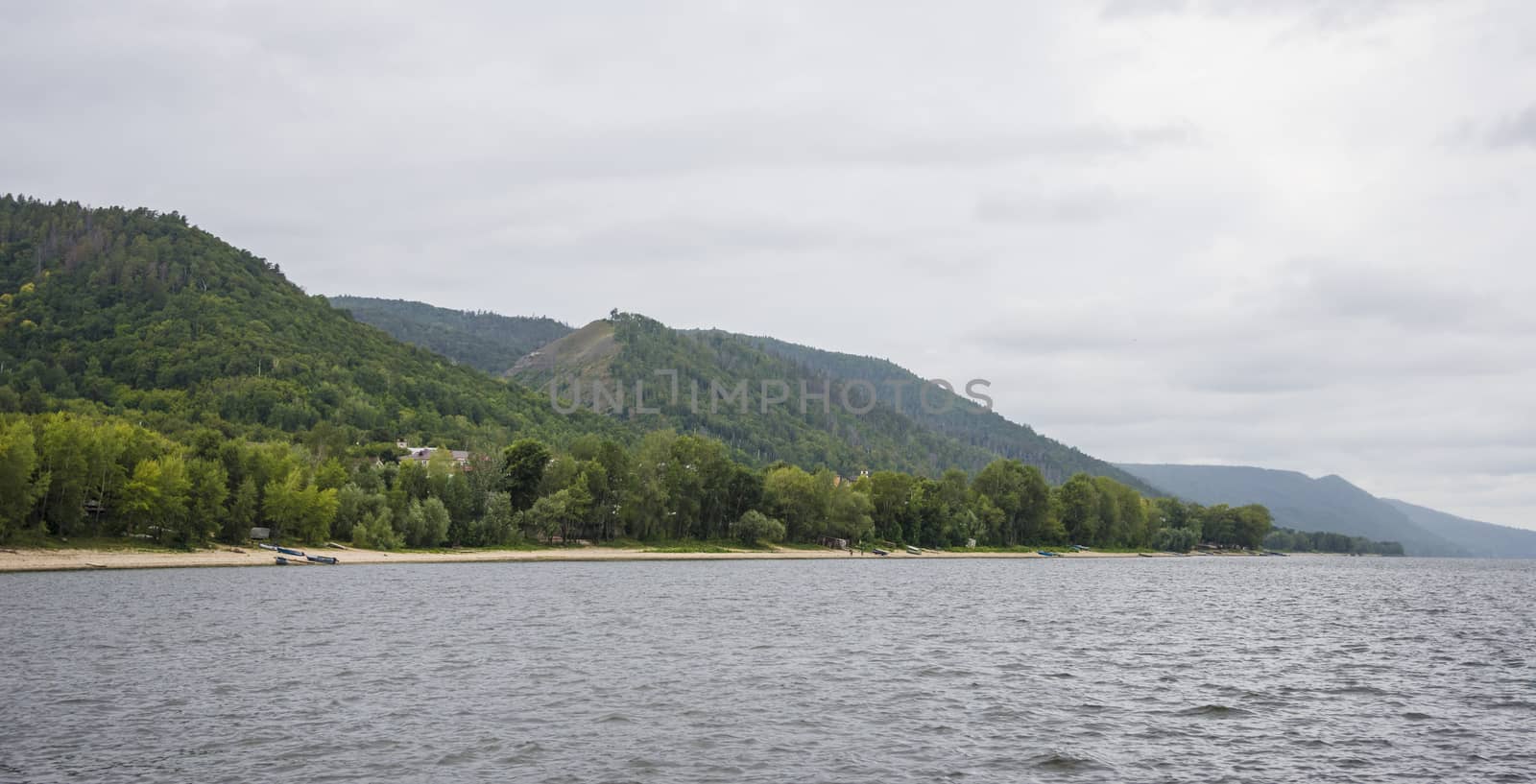 View of the Zhiguli mountains in the Samara region, Russia. Cloudy day, August 10, 2018.
