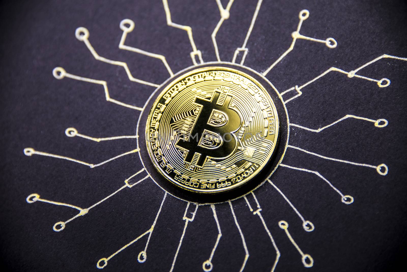 Gold coin Bitcoin lies on the painted chip.