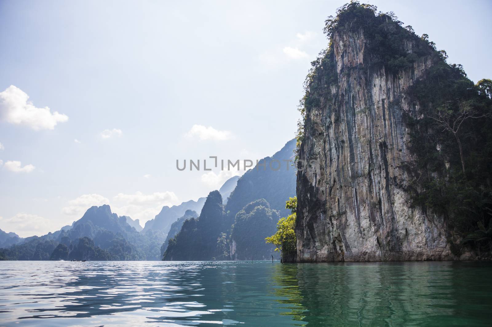 Landscape in Khao SOK national Park. Mountains and lake on a Sunny day.