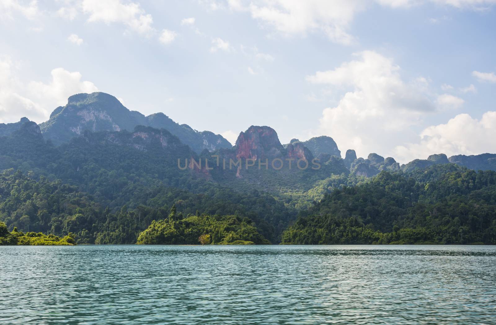 Landscape in Khao SOK national Park. Mountains and lake on a Sunny day.