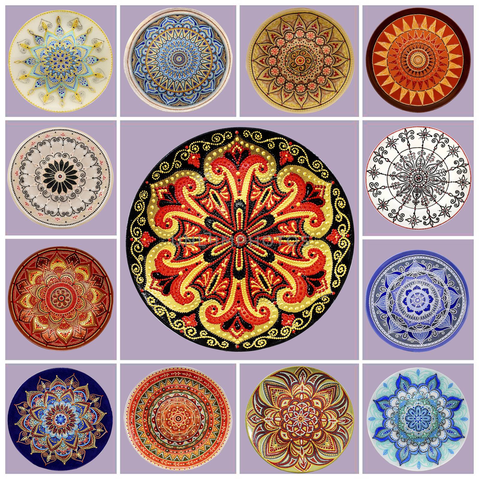 Set of decorative ceramic dishes hand-painted with acrylics and floral pattern on a purple background.