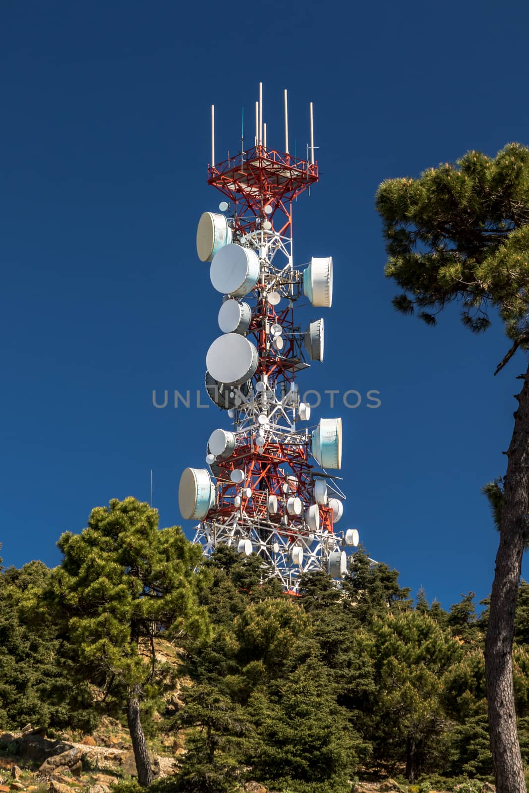 Big communications tower in a sunny day on Estepona, Malaga, Spain