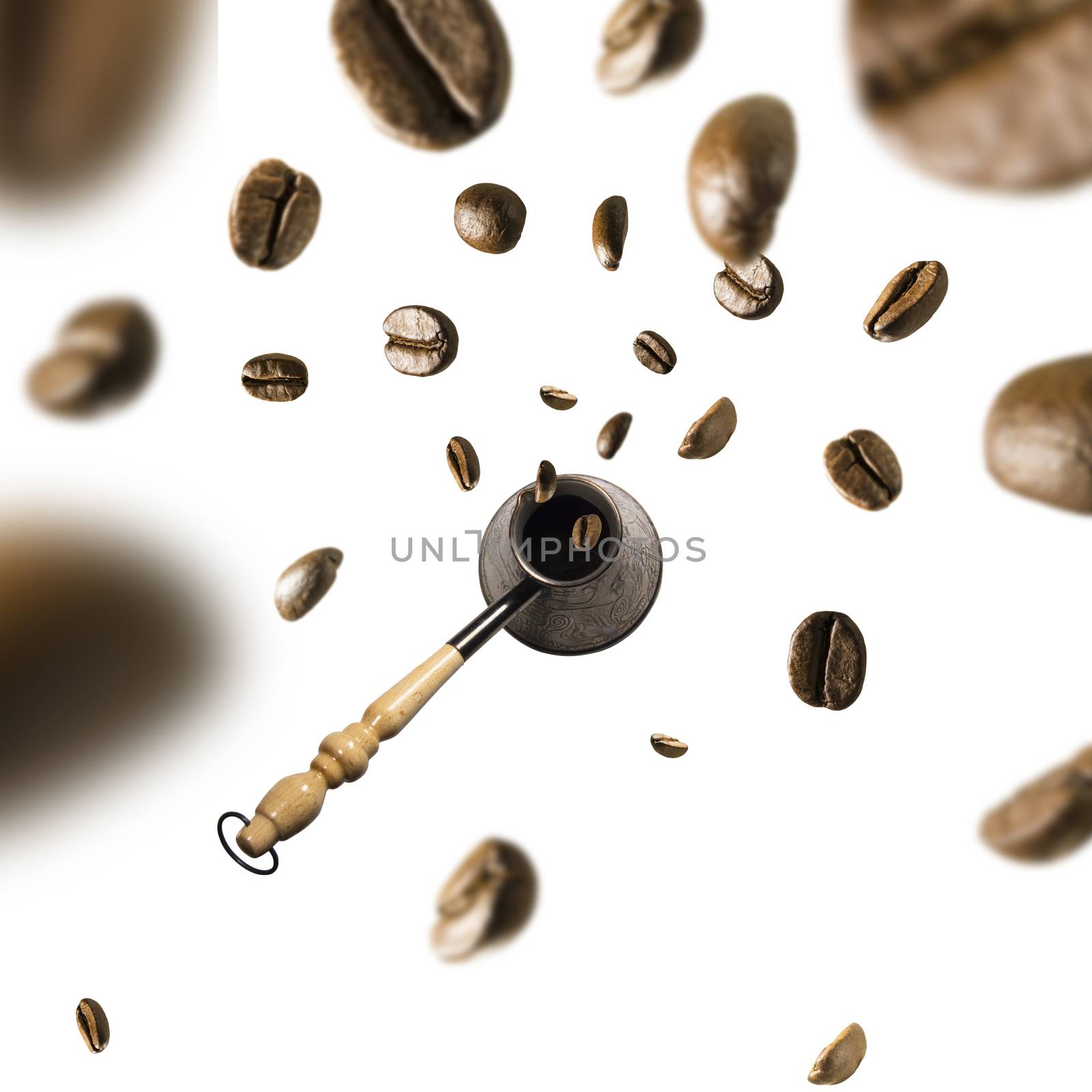 Turka and coffee beans in flight on white background.