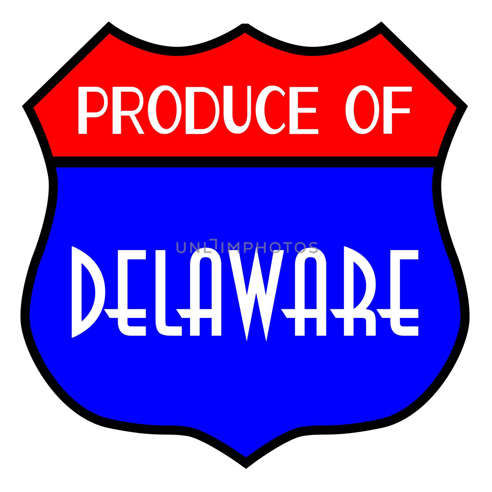 Route 66 style traffic sign with the legend Produce Of Delaware isolated