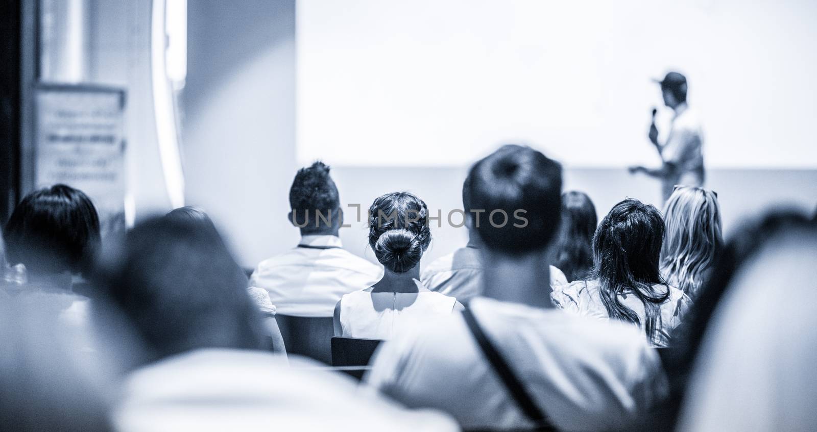 Business and entrepreneurship symposium. Speaker giving a talk at business meeting. Audience in conference hall. Rear view of unrecognized participant in audience.