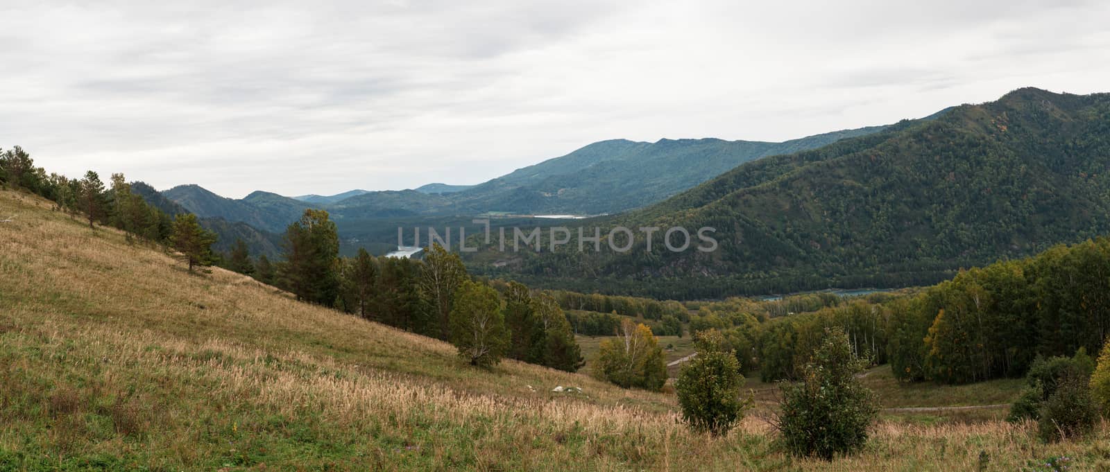 Autumn day in Altai mountains, panoramic picture