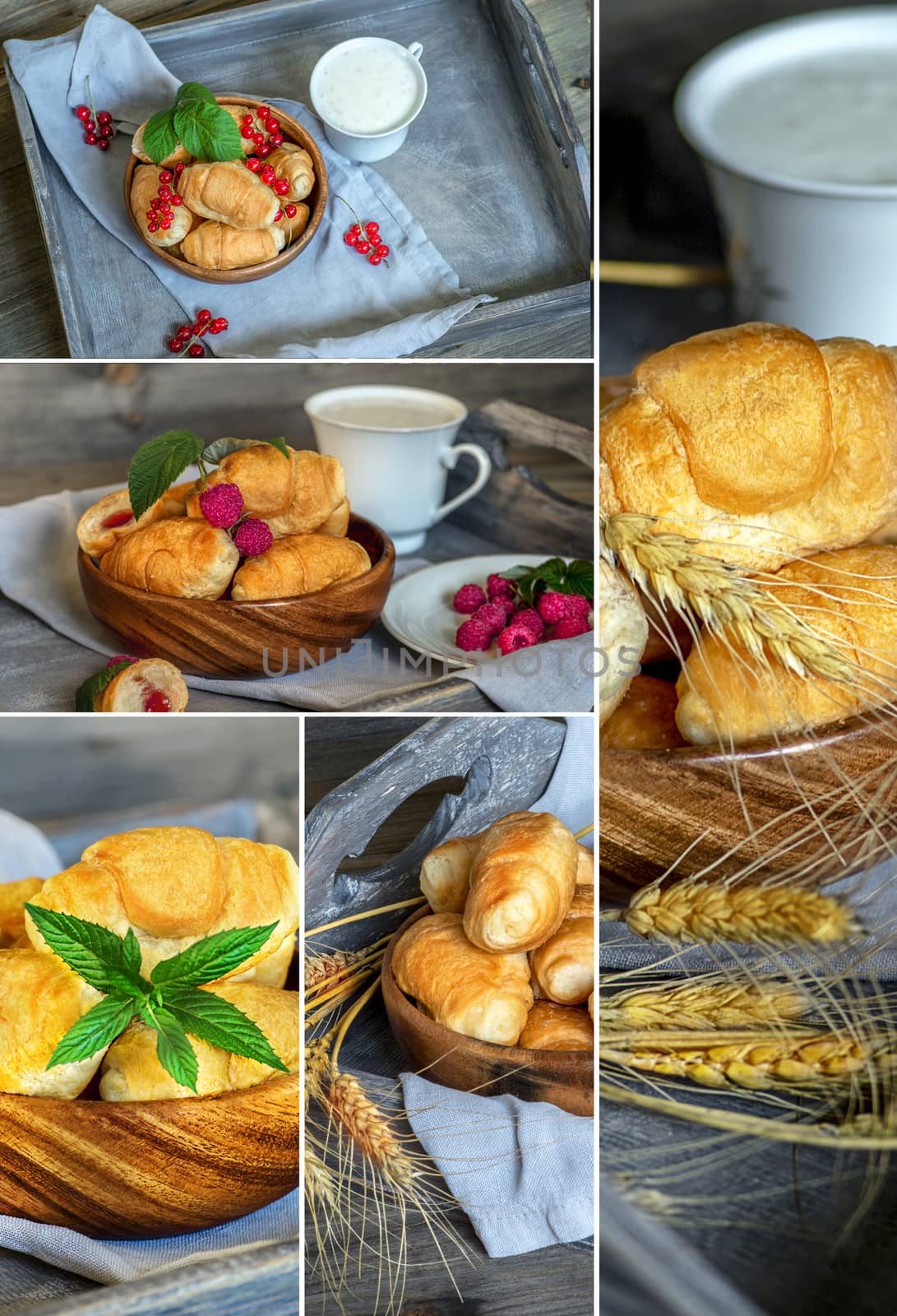 Natural food. Photo collage. Rustic style and background. Croissants with raspberries on a wooden tray. The concept of a wholesome breakfast