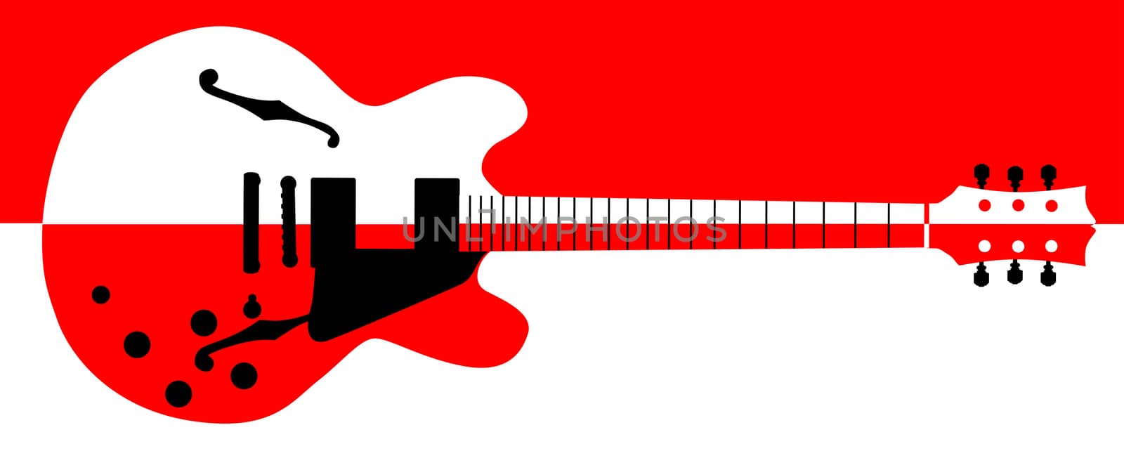 A semi acoustic type guitar split into red and white