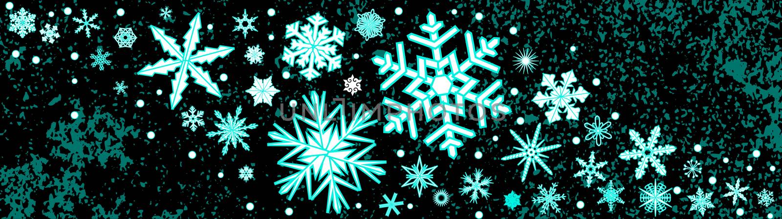 Christmas snowflake banner in white and ice blue isolated on a black background