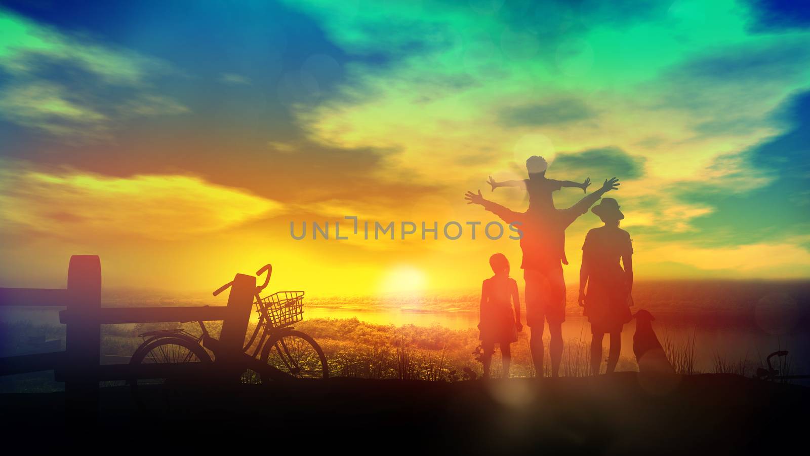 Family with children watching the sunset on the river after a bike ride by ConceptCafe