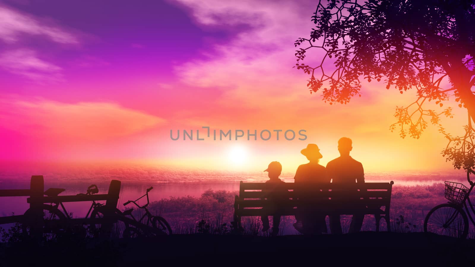 Family of three on a bench at sunset and a beautiful view of the river by ConceptCafe