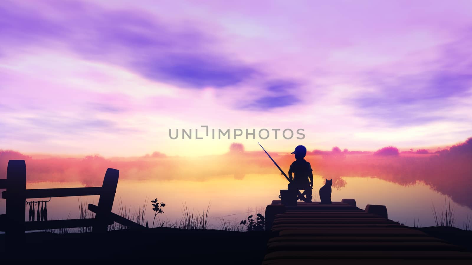 Silhouette of a fishing boy on a wooden pier at sunrise.