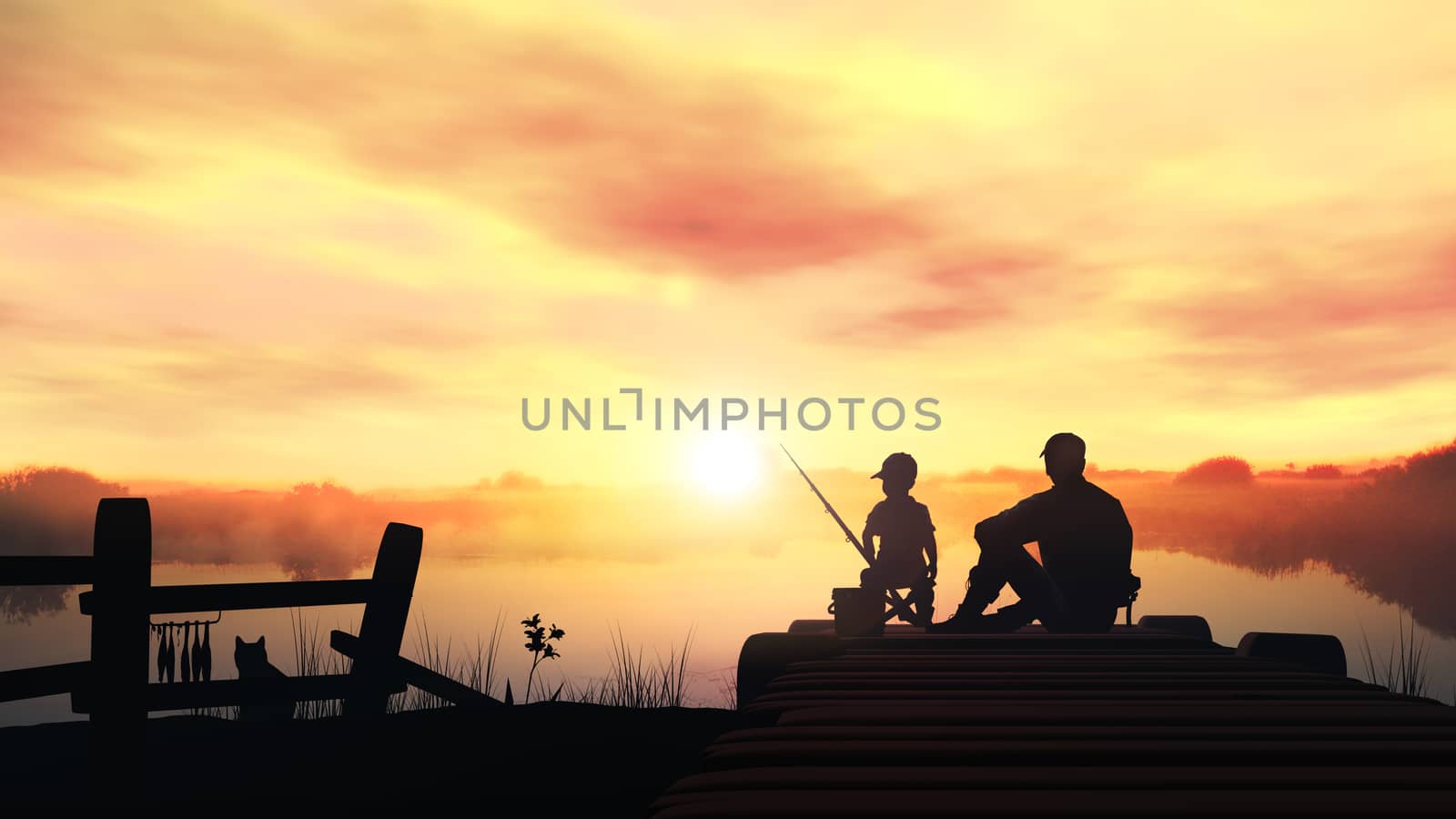 Silhouettes of father and son catching fish from a wooden pier at dawn.