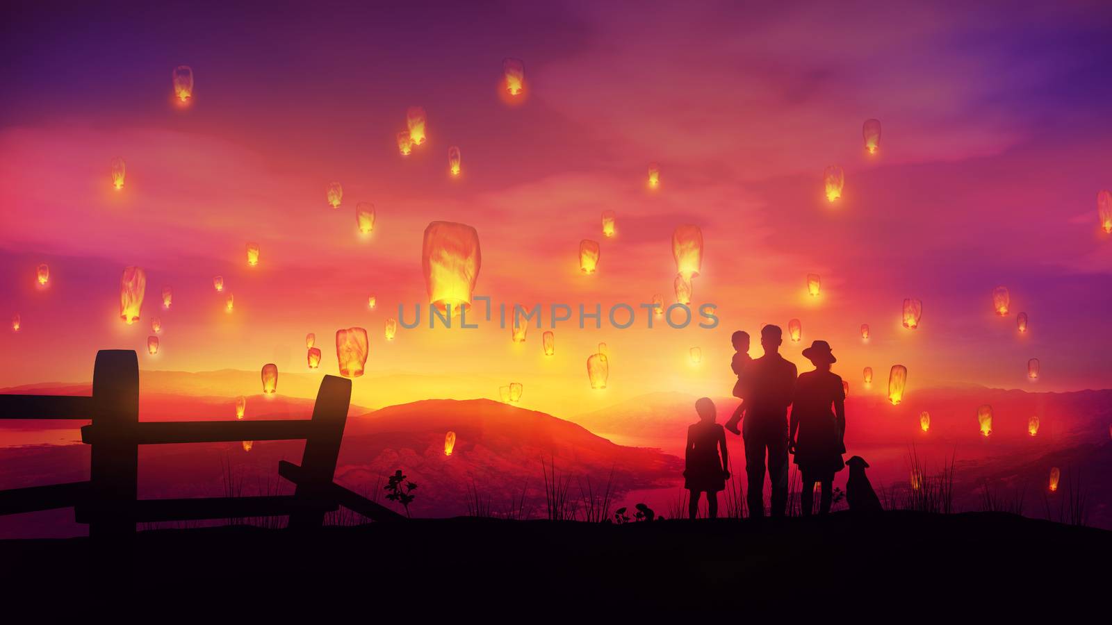 Family silhouettes standing against a red sunset and watching Chinese lanterns.