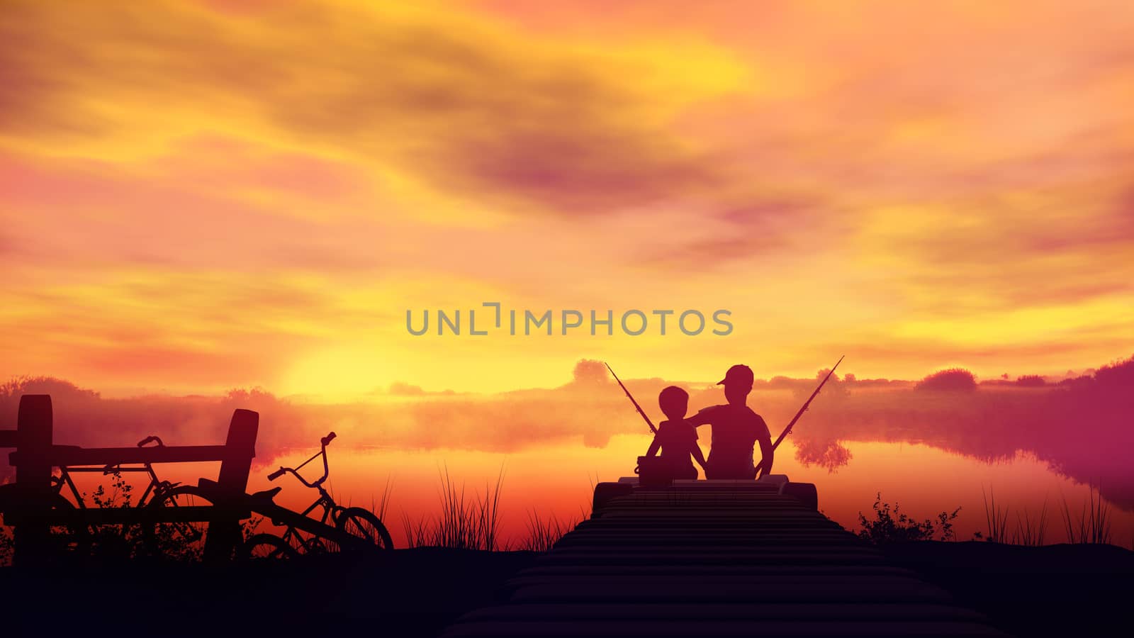 Silhouettes of two fishing boys and bicycles lie nearby on a background of a bright sunset.