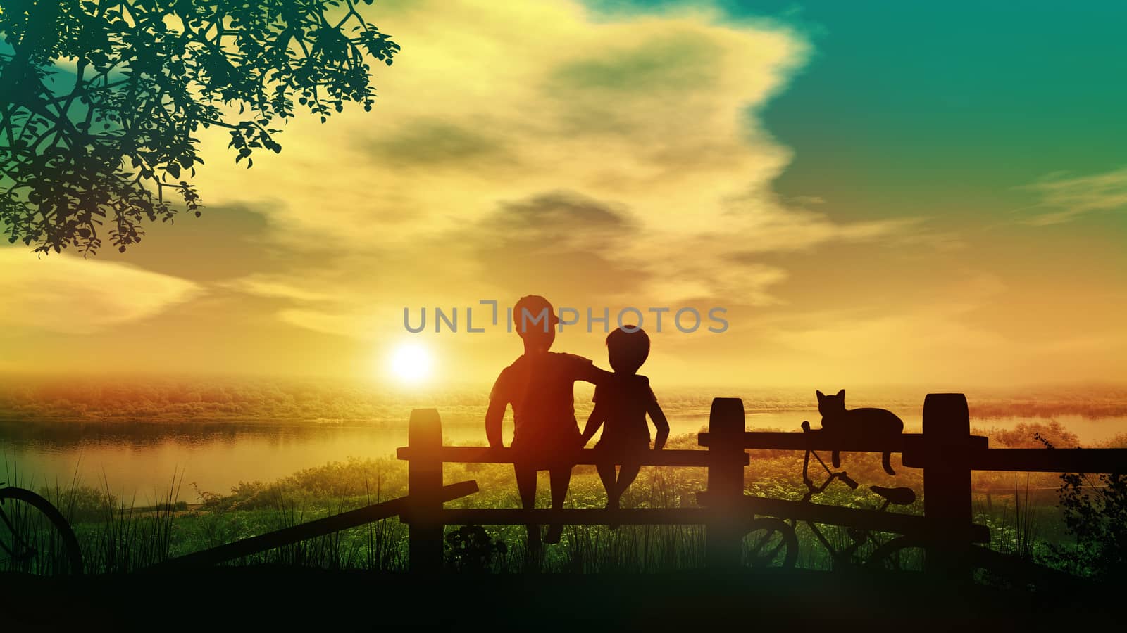 Silhouettes of two boys and a cat on the fence and bicycles lying nearby against the backdrop of summer sunset on the river