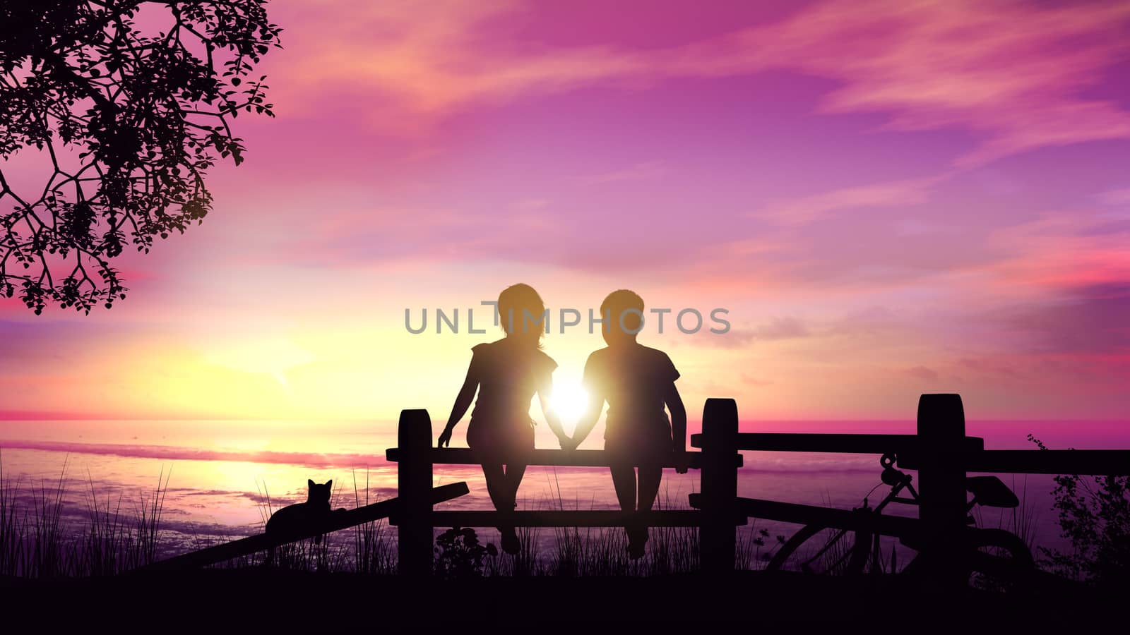 A boy and a girl hold hands in the rays of the setting sun by ConceptCafe
