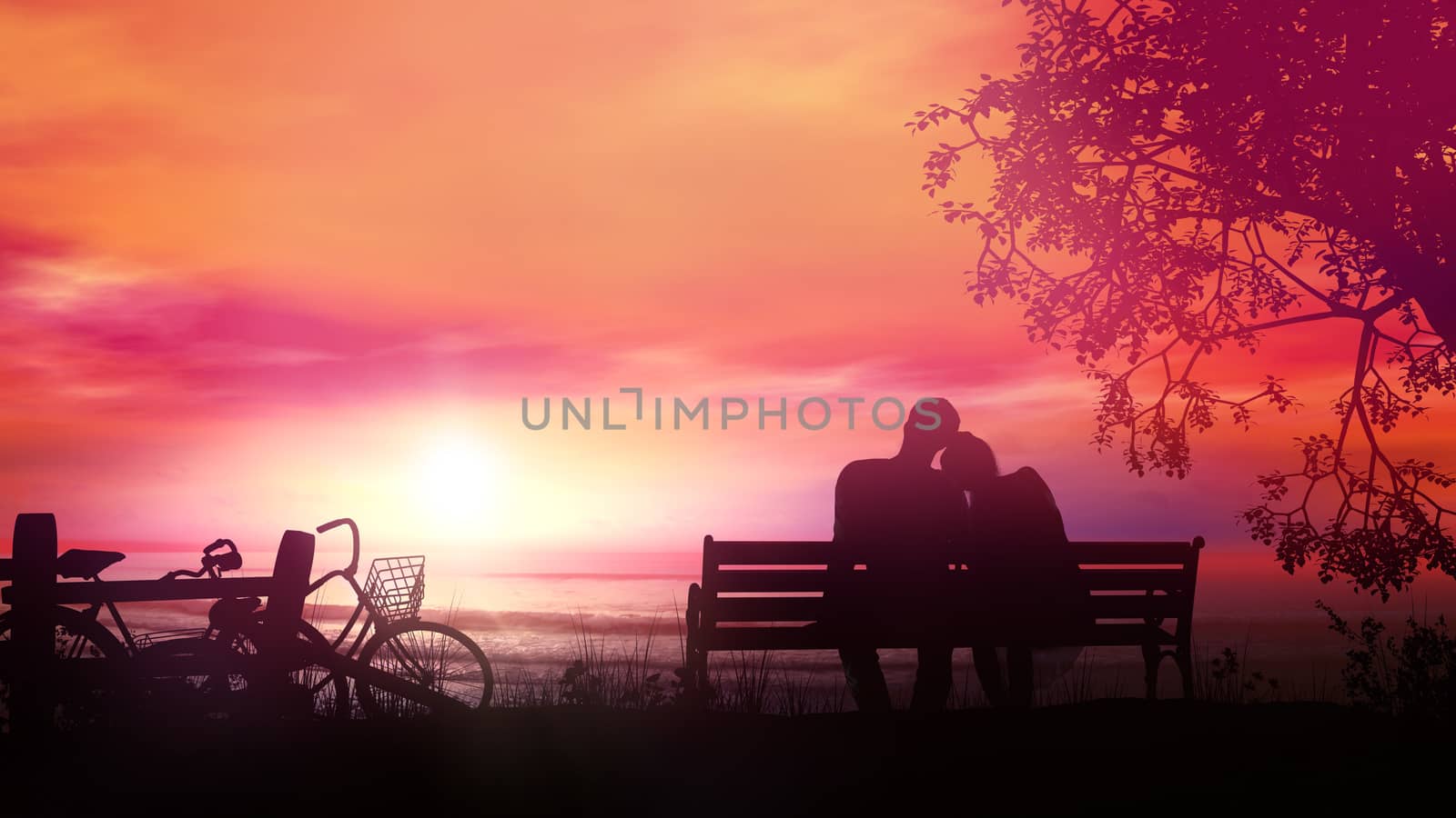 A married couple is sitting on a bench and watching the sunset and the ocean after a bike ride.