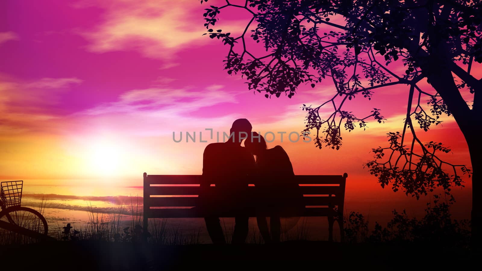 A married couple is sitting on a bench and watching the sunset and the ocean after a bike ride.