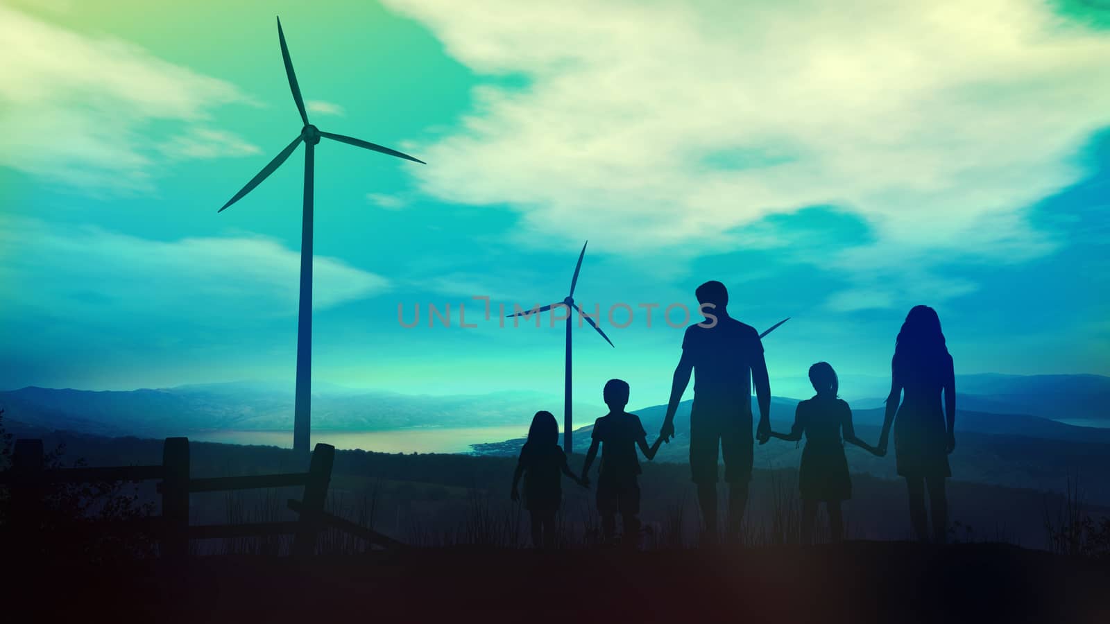 Family with children on the background of wind power plants by ConceptCafe