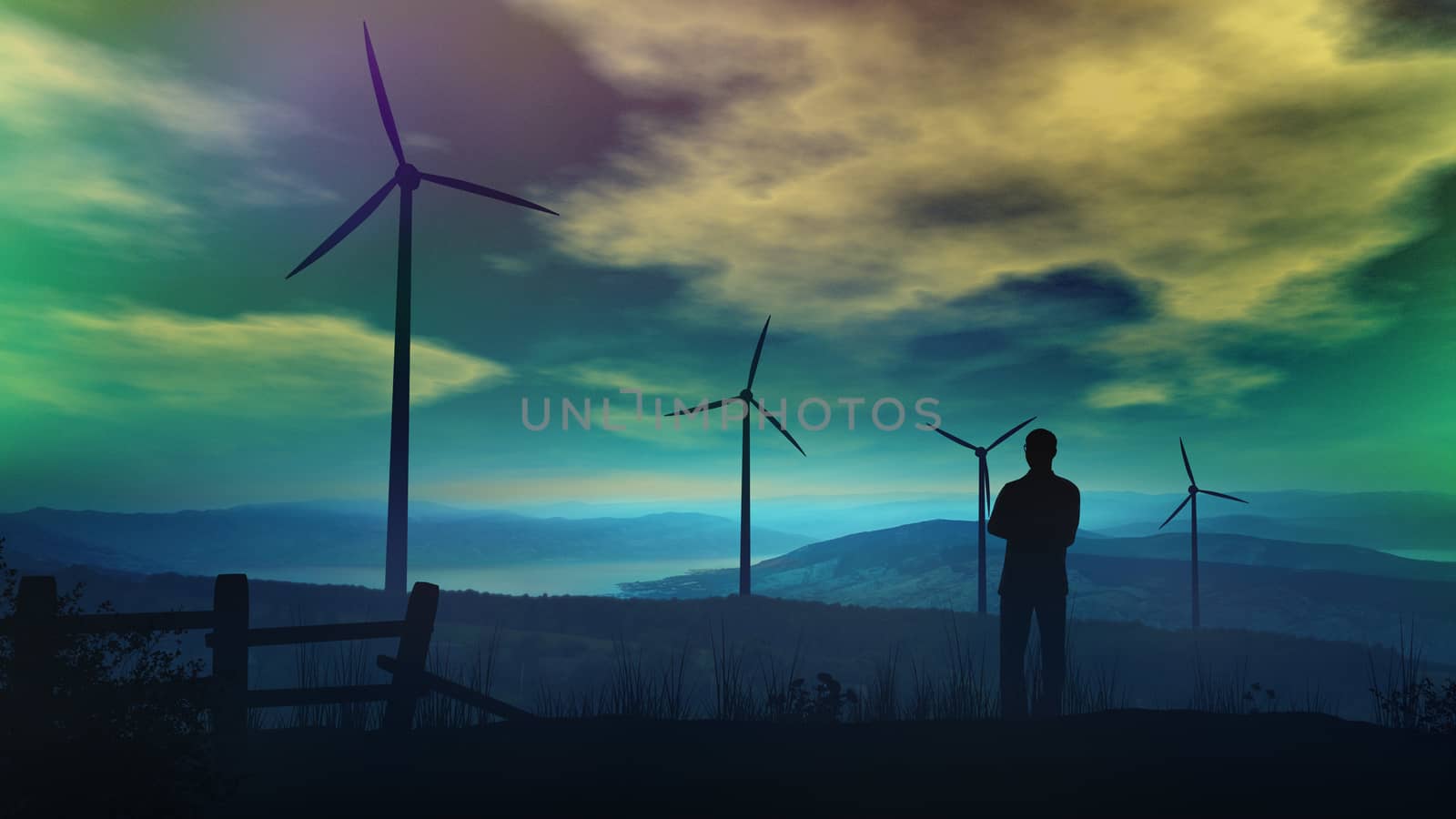 Evening landscape with wind turbines and a standing man by ConceptCafe