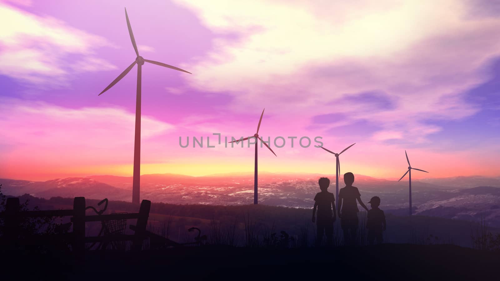 Children at sunset watching the wind power stations work by ConceptCafe