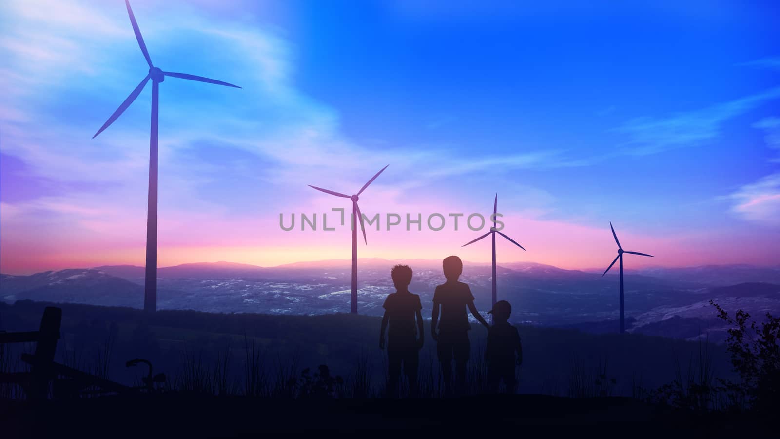 Children at dusk watching wind turbines against the blue sky by ConceptCafe