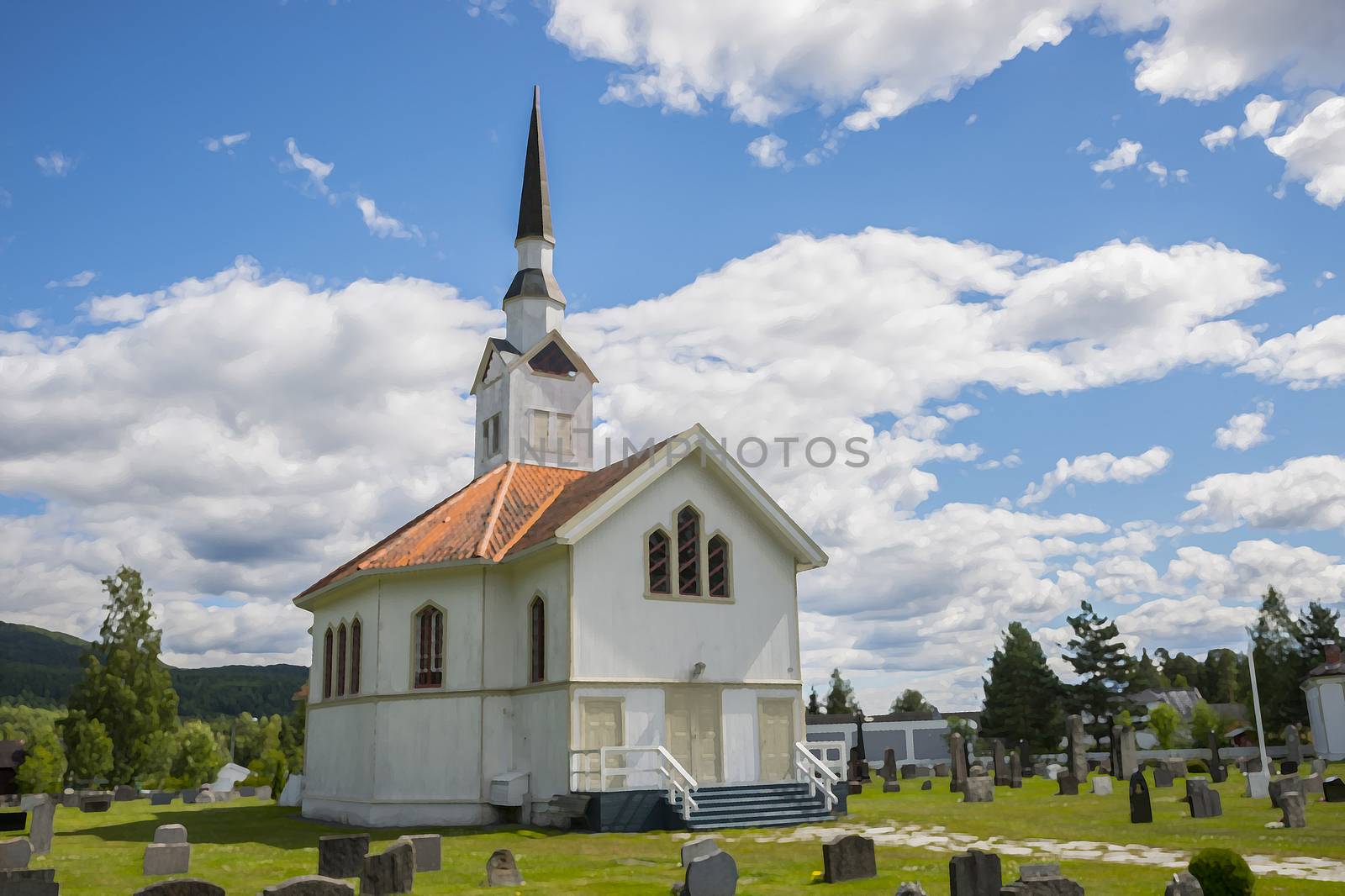 white wooden stave church near Leira in Norway with cemetery